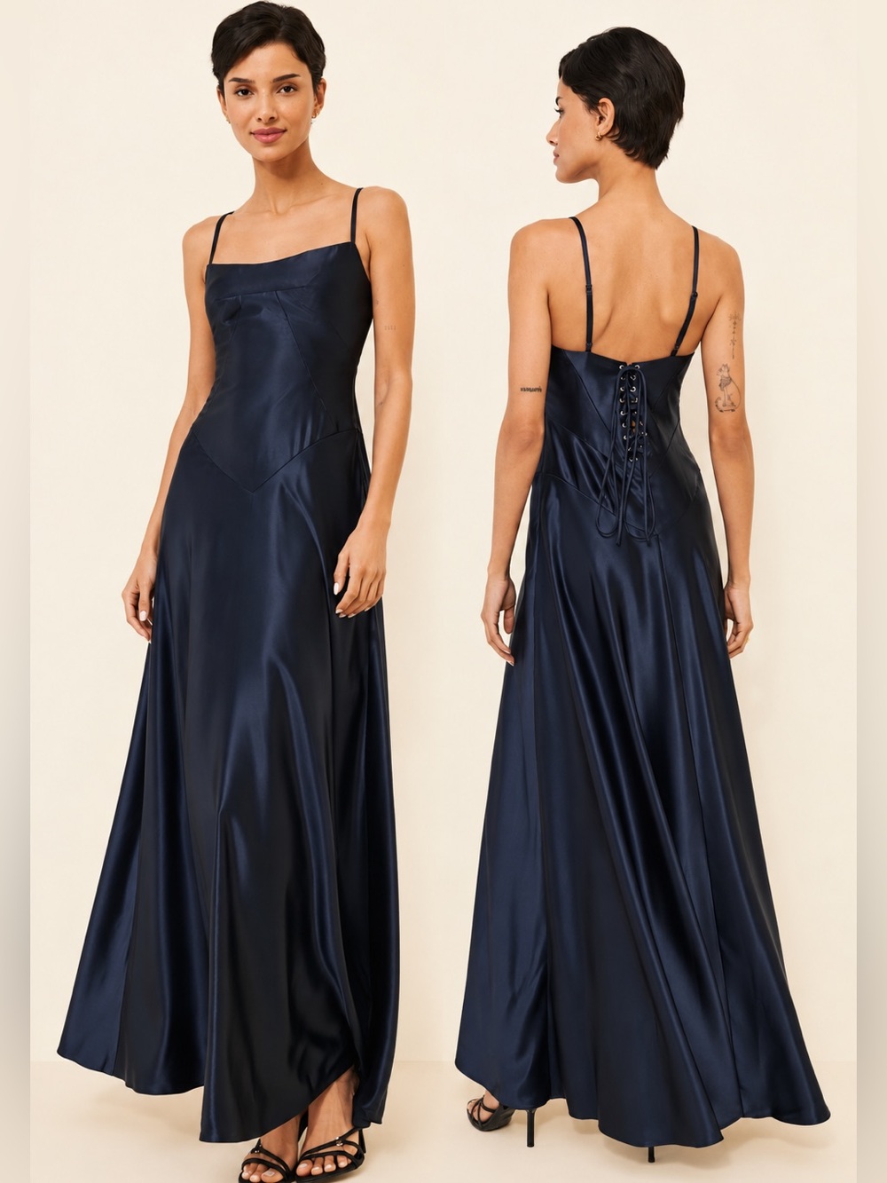 Mare Mare Anthropologie Emmy Navy Satin Corset Lace Up Maxi Dress M